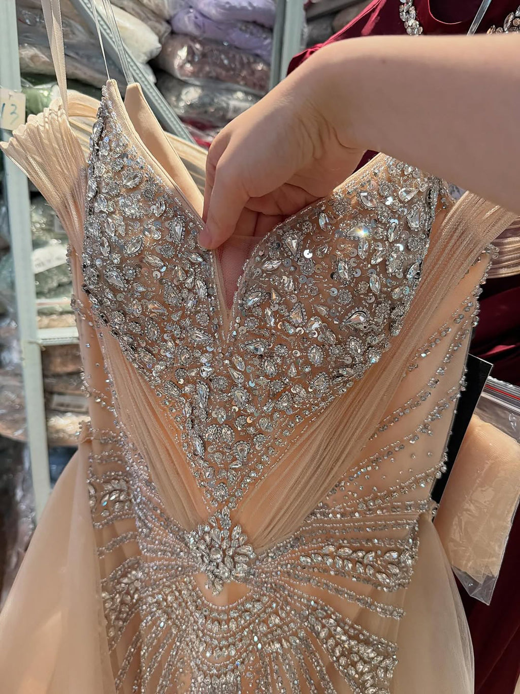 Luxury Nude Beaded Mermaid Evening Dress with Overskirt and Slit LA73034