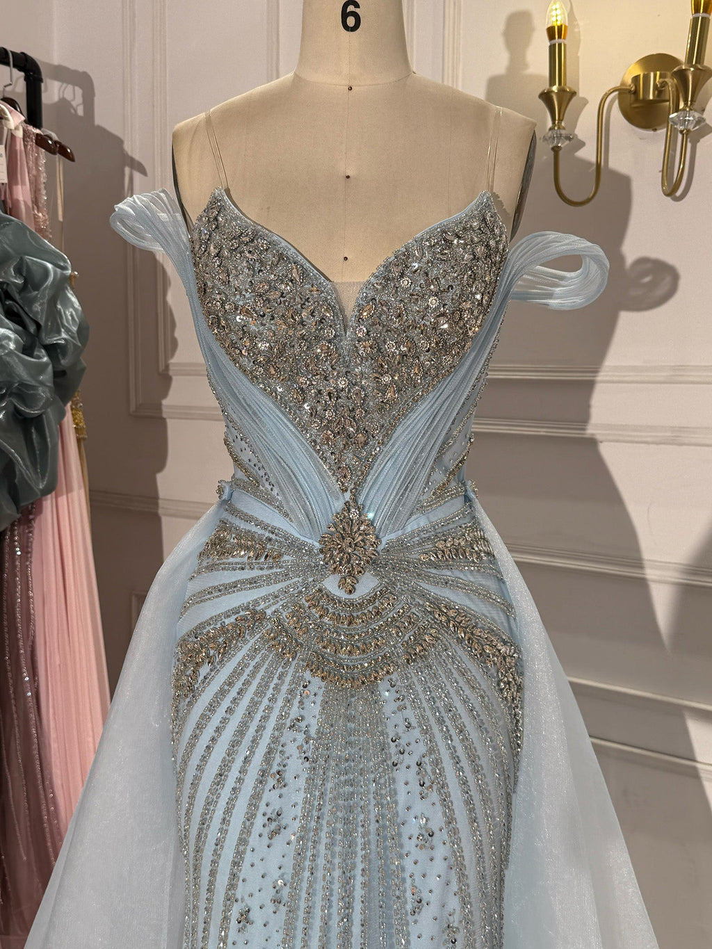 Luxury Nude Beaded Mermaid Evening Dress with Overskirt and Slit LA73034