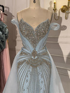 Luxury Nude Beaded Mermaid Evening Dress with Overskirt and Slit LA73034