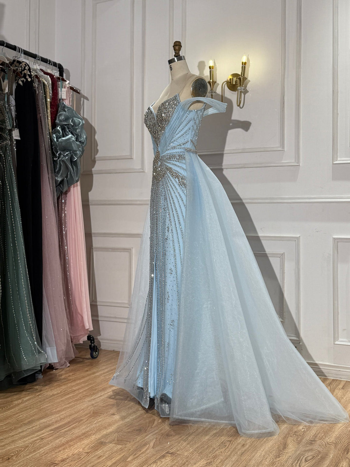 Luxury Nude Beaded Mermaid Evening Dress with Overskirt and Slit LA73034