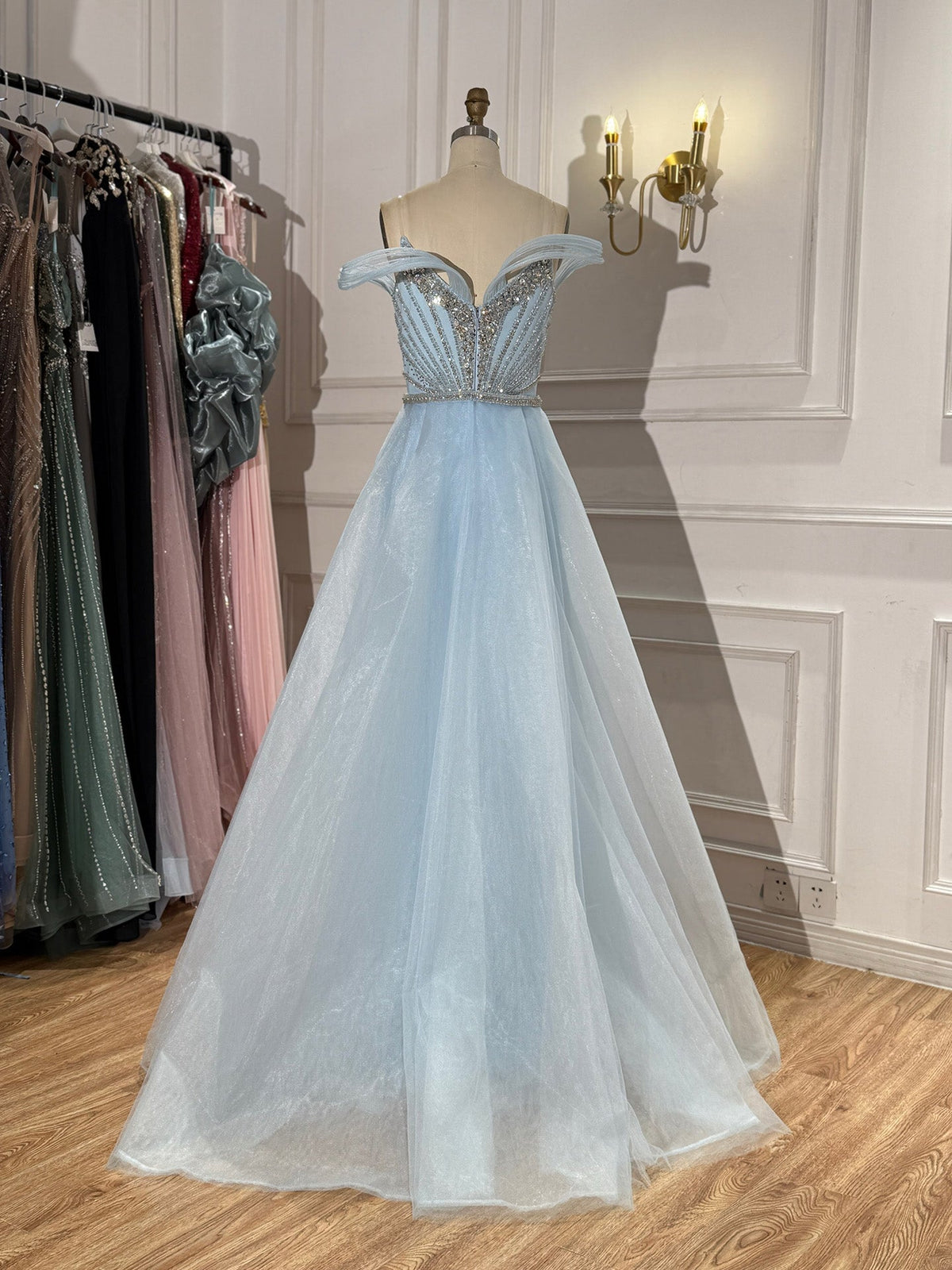 Luxury Nude Beaded Mermaid Evening Dress with Overskirt and Slit LA73034