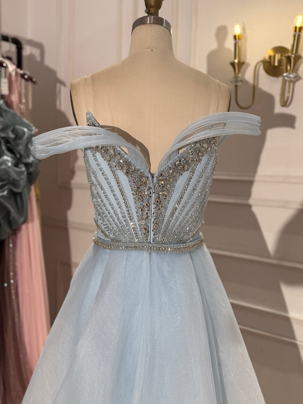 Luxury Nude Beaded Mermaid Evening Dress with Overskirt and Slit LA73034