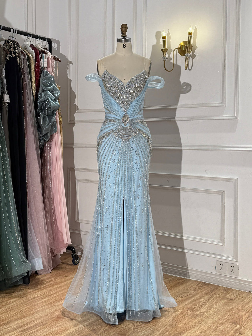 Luxury Nude Beaded Mermaid Evening Dress with Overskirt and Slit LA73034