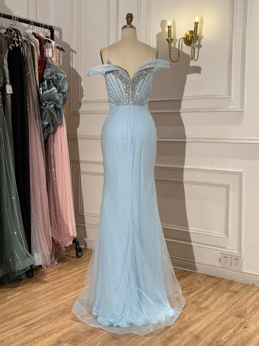 Luxury Nude Beaded Mermaid Evening Dress with Overskirt and Slit LA73034