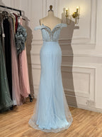 Luxury Nude Beaded Mermaid Evening Dress with Overskirt and Slit LA73034