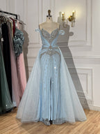 Luxury Nude Beaded Mermaid Evening Dress with Overskirt and Slit LA73034