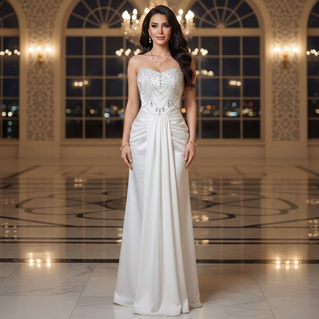 Elegant White Satin Strapless Gown