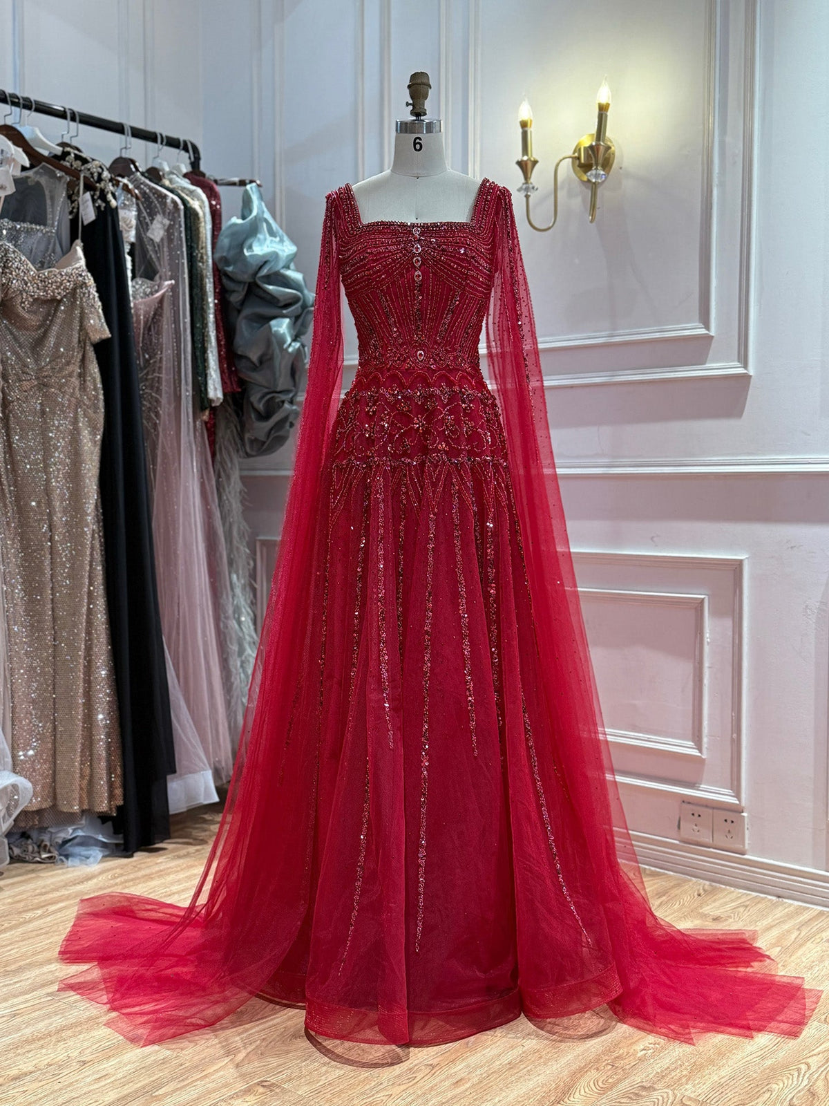Luxury Pink Crystal Beaded Cape Sleeves A Line Evening Dress LA73089C