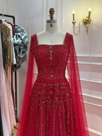 Luxury Pink Crystal Beaded Cape Sleeves A Line Evening Dress LA73089C