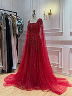 Luxury Pink Crystal Beaded Cape Sleeves A Line Evening Dress LA73089C