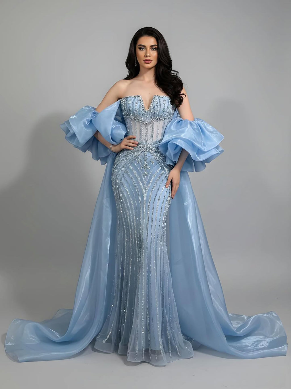Luxury Light Blue Diamond Evening Dress With Ruffle Cape LA73141