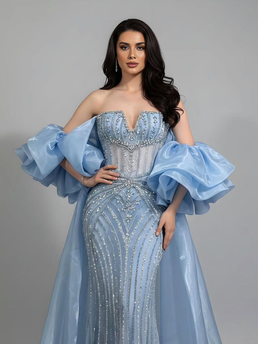 Luxury Light Blue Diamond Evening Dress With Ruffle Cape LA73141
