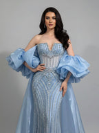 Luxury Light Blue Diamond Evening Dress With Ruffle Cape LA73141