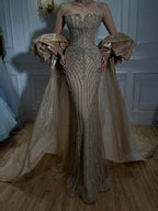 Luxury Light Blue Diamond Evening Dress With Ruffle Cape LA73141