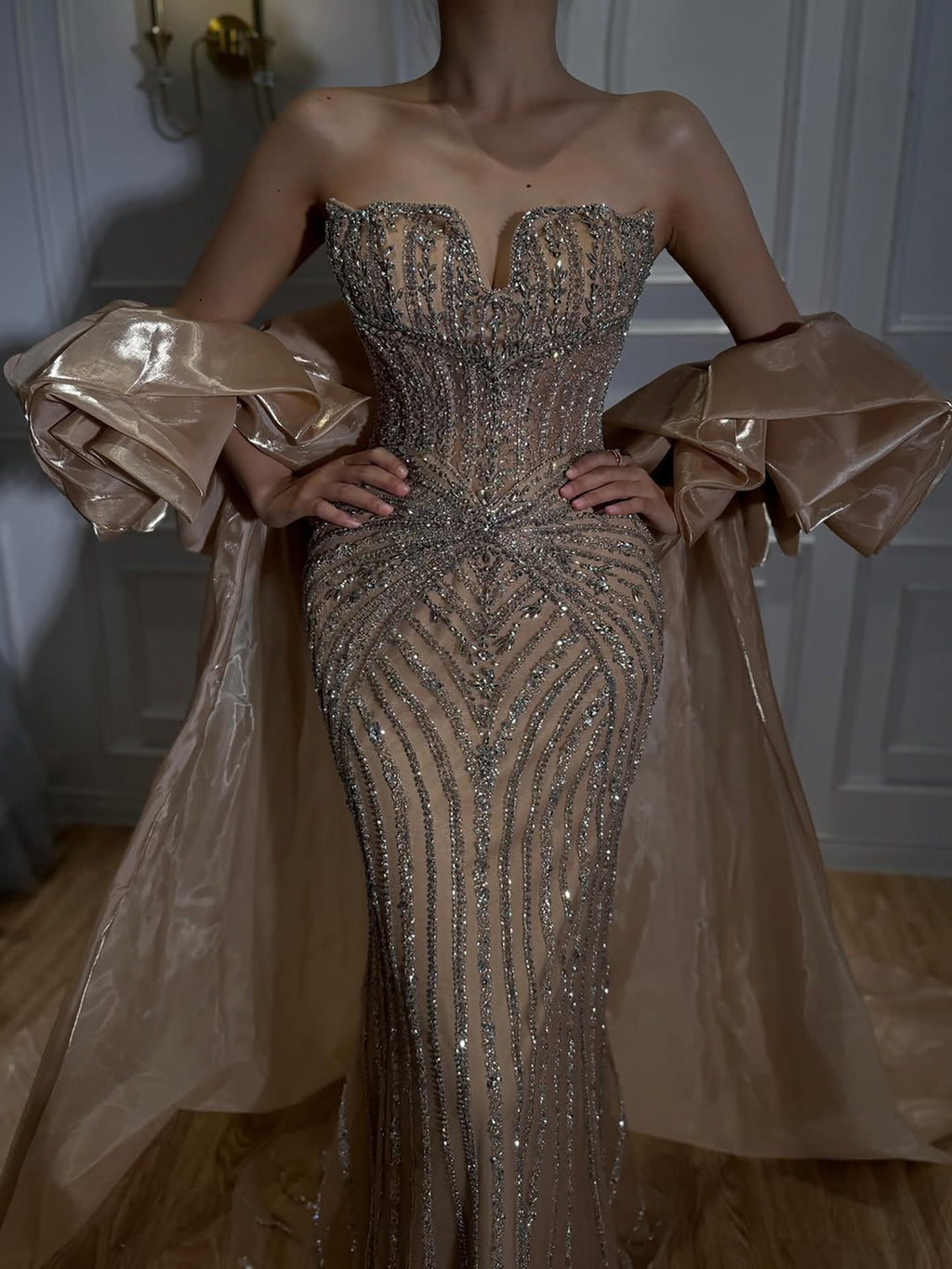 Luxury Light Blue Diamond Evening Dress With Ruffle Cape LA73141