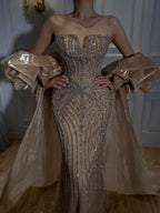 Luxury Light Blue Diamond Evening Dress With Ruffle Cape LA73141
