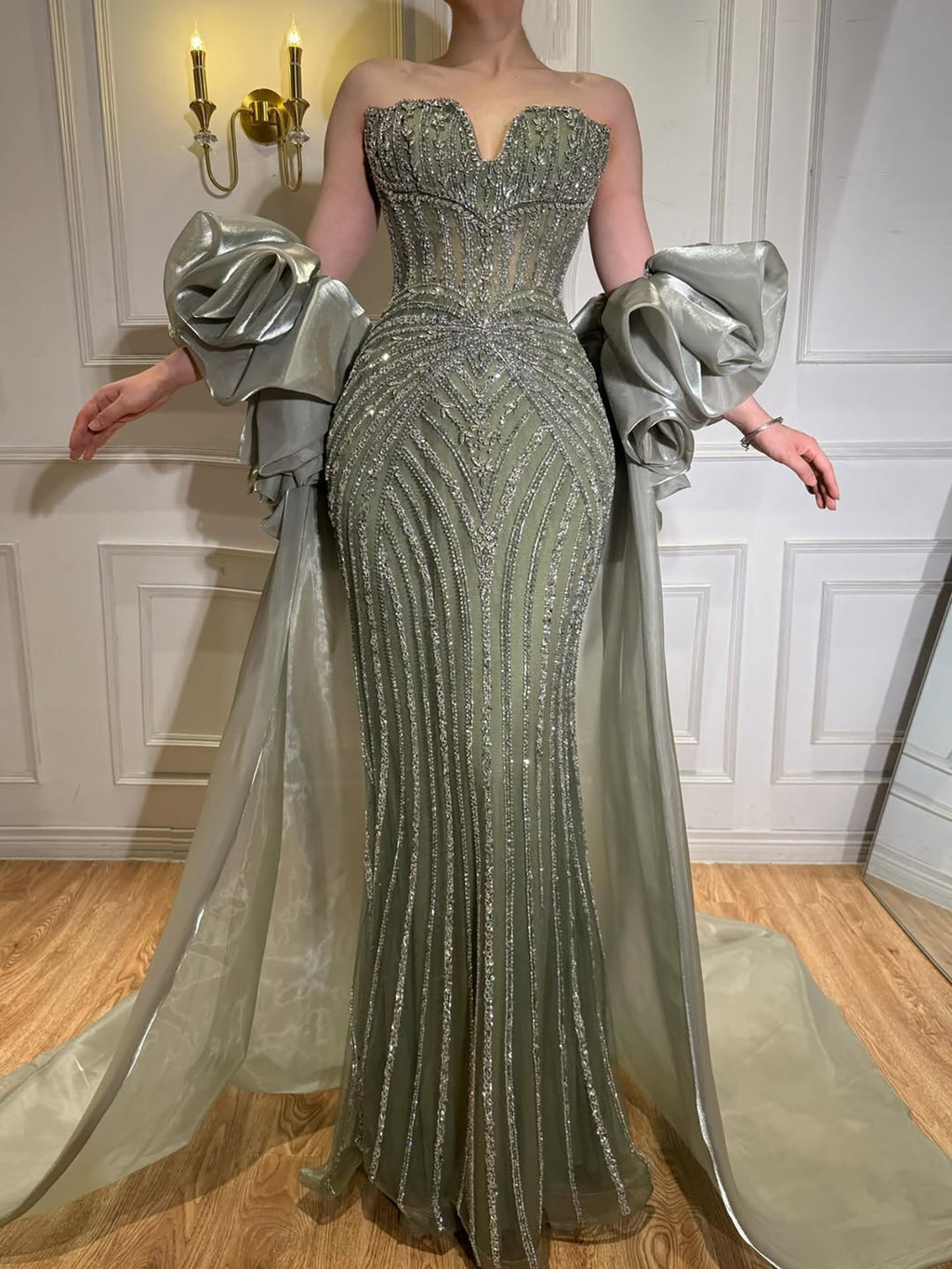 Luxury Light Blue Diamond Evening Dress With Ruffle Cape LA73141