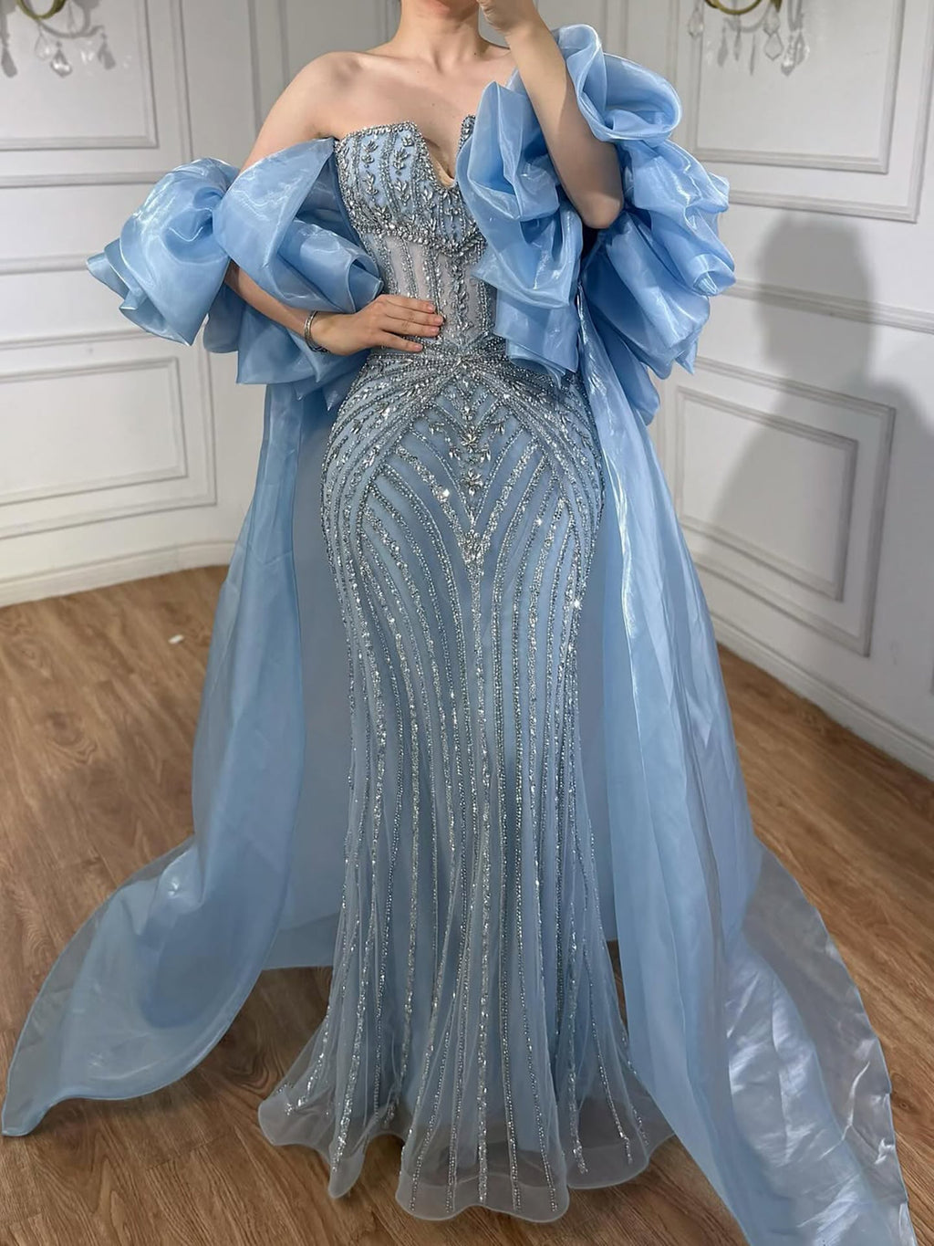Luxury Light Blue Diamond Evening Dress With Ruffle Cape LA73141
