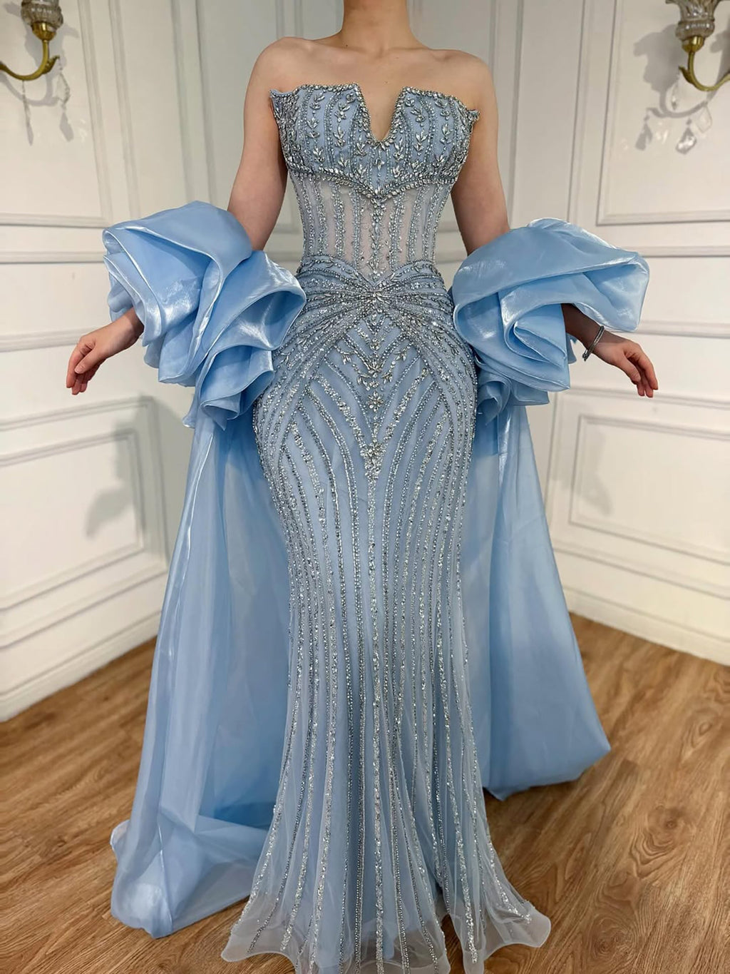 Luxury Light Blue Diamond Evening Dress With Ruffle Cape LA73141