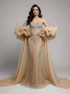 Luxury Light Blue Diamond Evening Dress With Ruffle Cape LA73141