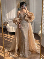 Luxury Light Blue Diamond Evening Dress With Ruffle Cape LA73141