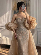 Luxury Light Blue Diamond Evening Dress With Ruffle Cape LA73141