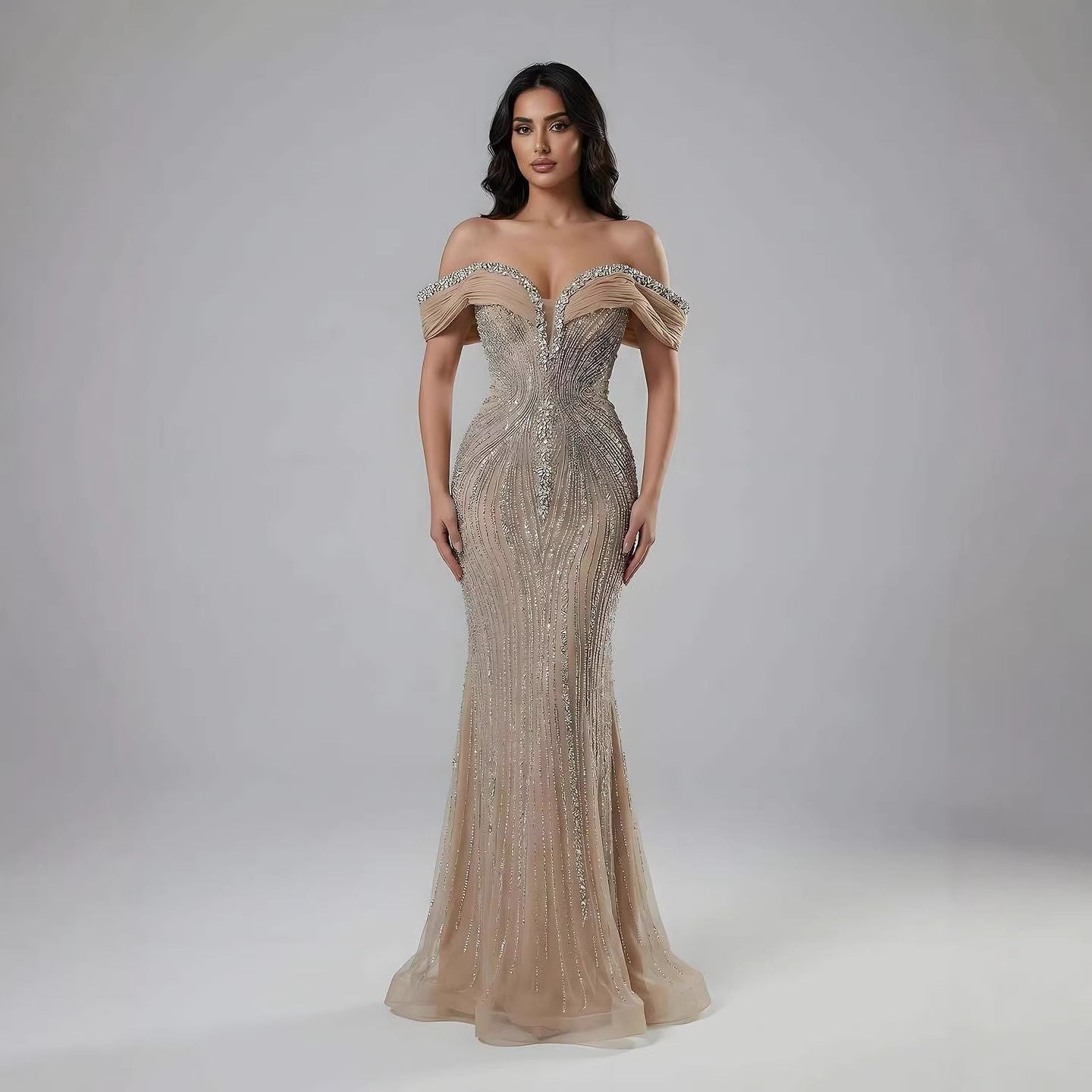 Luxury Green Gold Beaded Dubai Designer Mermaid Evening Dress LA73142