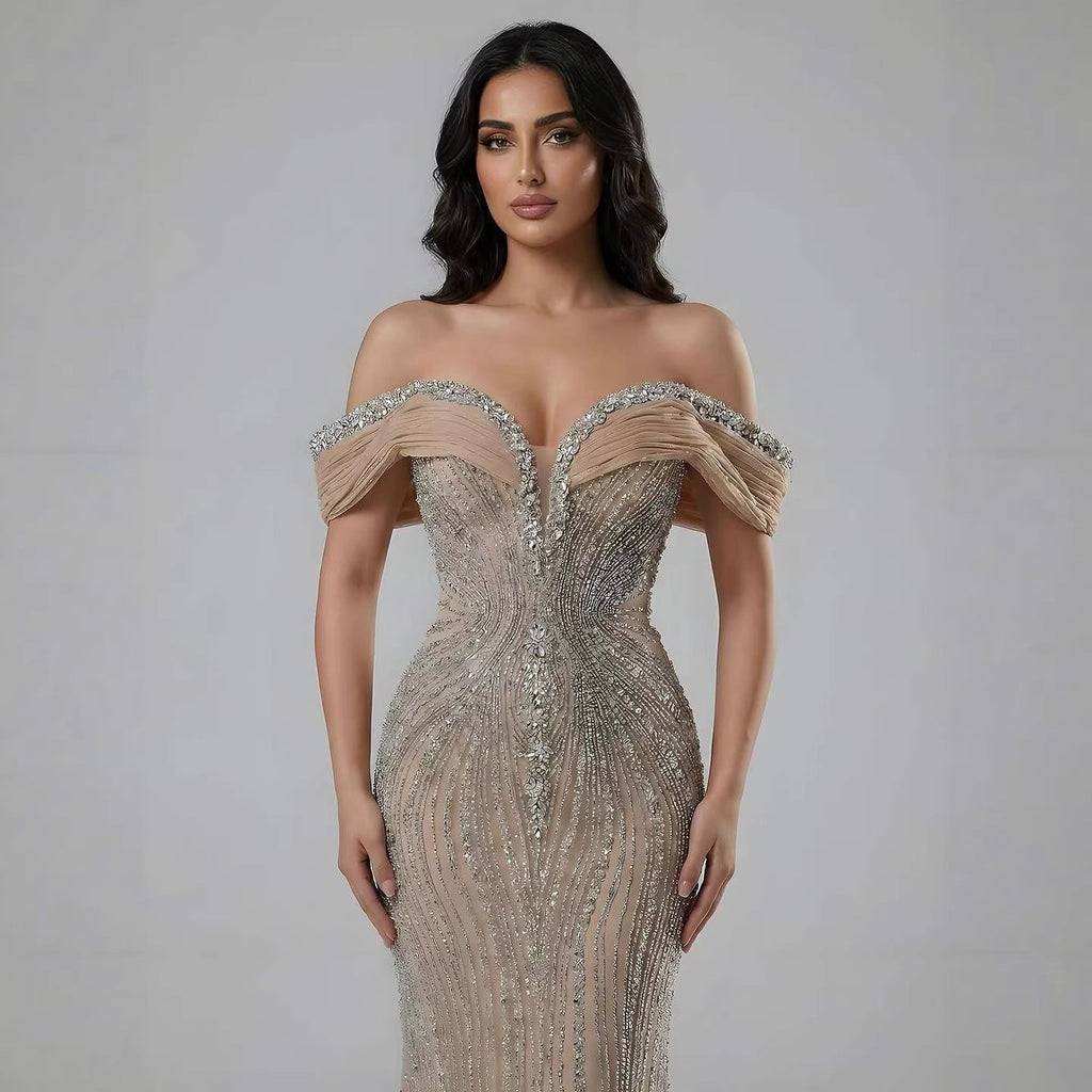 Luxury Green Gold Beaded Dubai Designer Mermaid Evening Dress LA73142