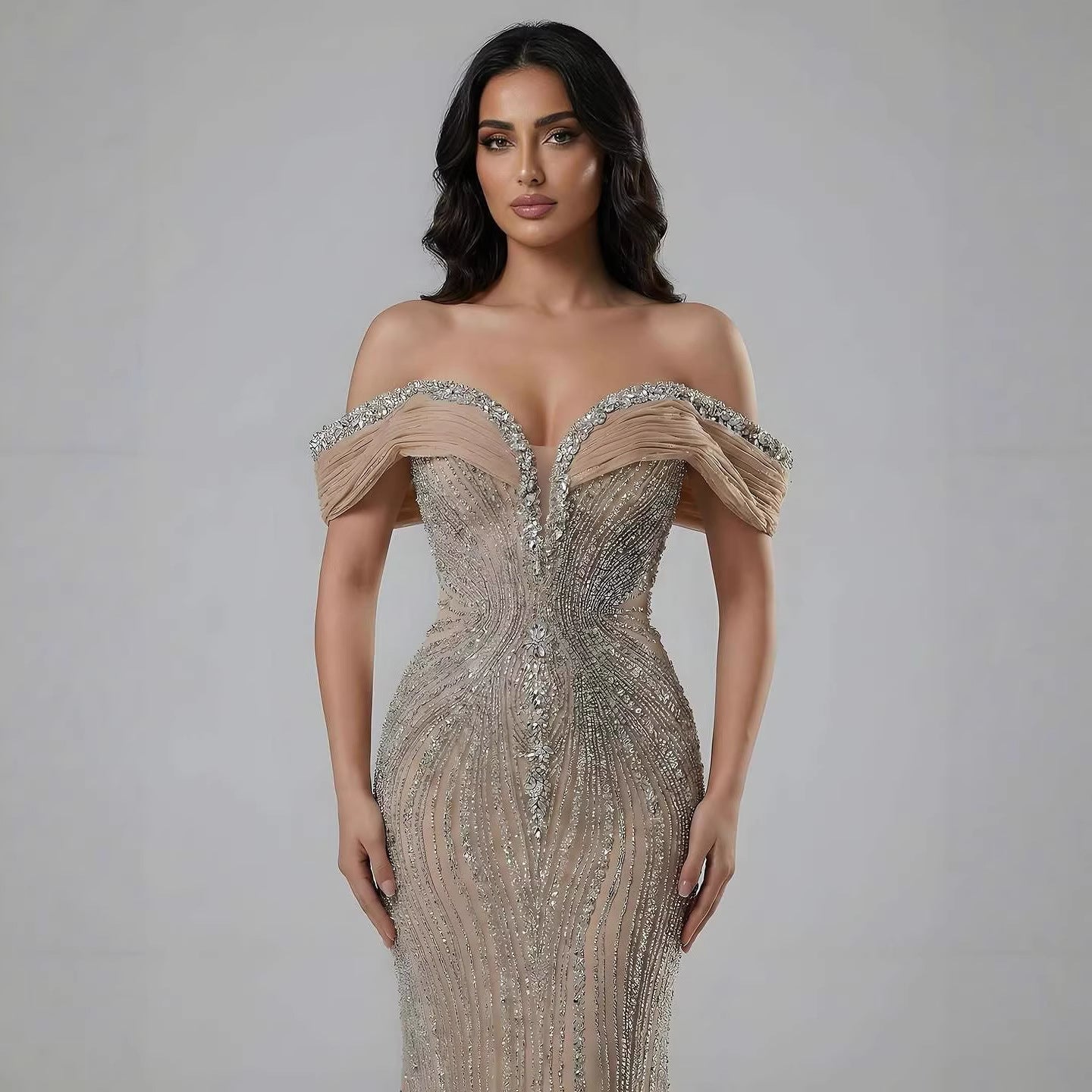 Luxury Green Gold Beaded Dubai Designer Mermaid Evening Dress LA73142