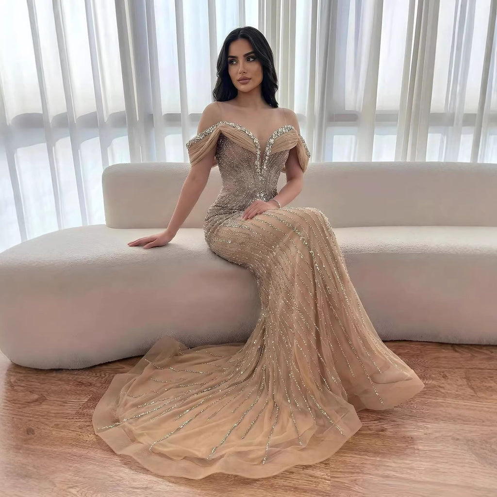 Luxury Green Gold Beaded Dubai Designer Mermaid Evening Dress LA73142