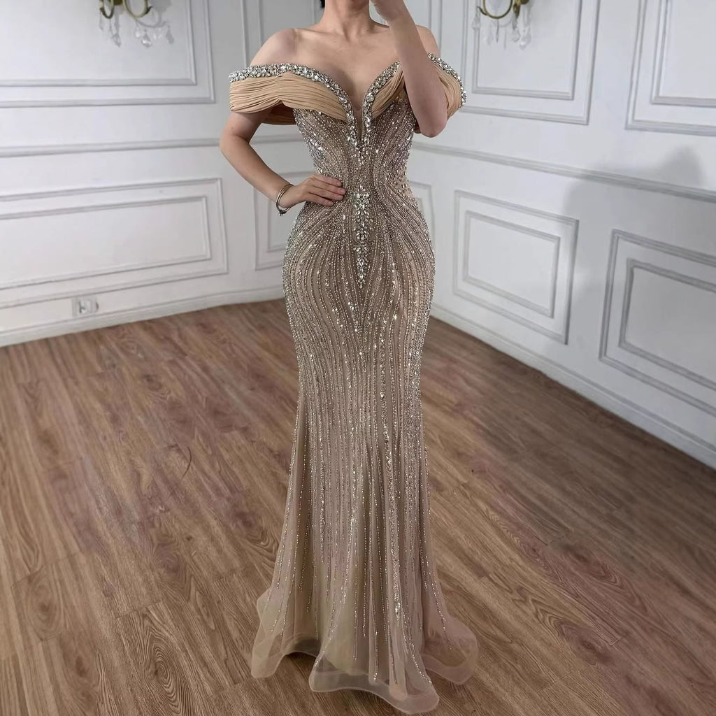 Luxury Green Gold Beaded Dubai Designer Mermaid Evening Dress LA73142