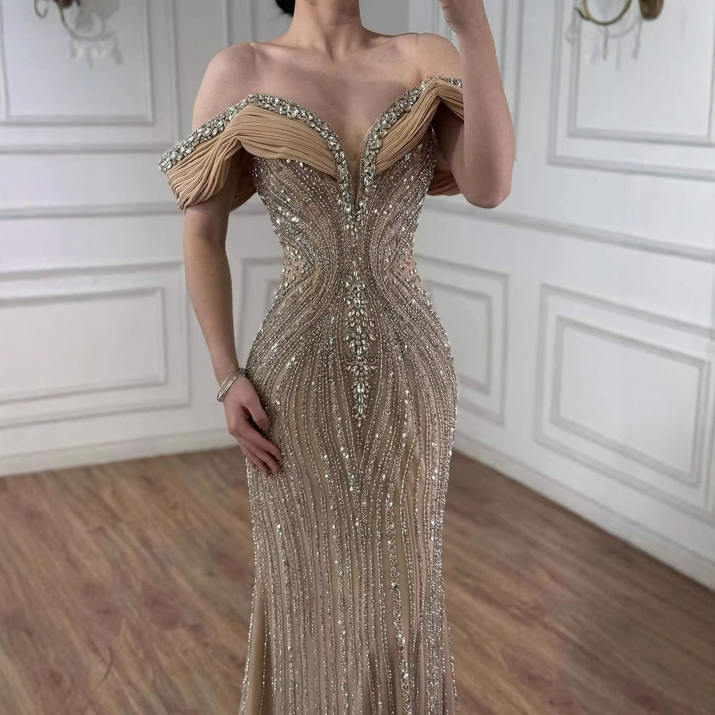 Luxury Green Gold Beaded Dubai Designer Mermaid Evening Dress LA73142