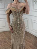 Luxury Green Gold Beaded Dubai Designer Mermaid Evening Dress LA73142