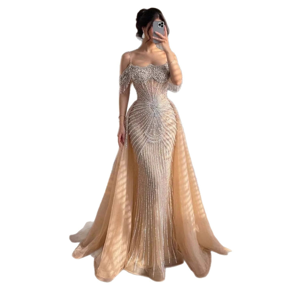 Luxury Nude Pearls Beaded Off Shoulder Mermaid Evening Dress LA73148D