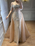 Luxury Nude Pearls Beaded Off Shoulder Mermaid Evening Dress LA73148D