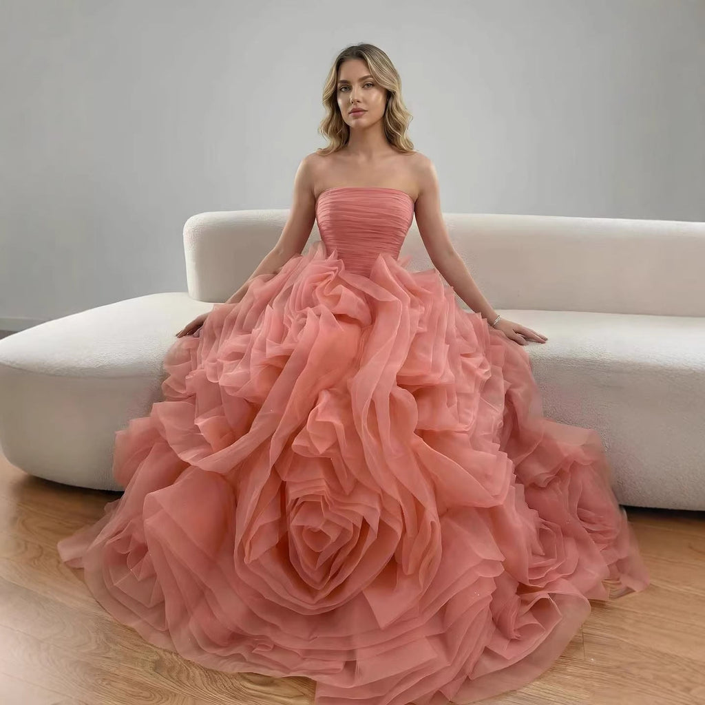 Purple 3D Rose Flower Strapless Princess Evening Dress LA73176