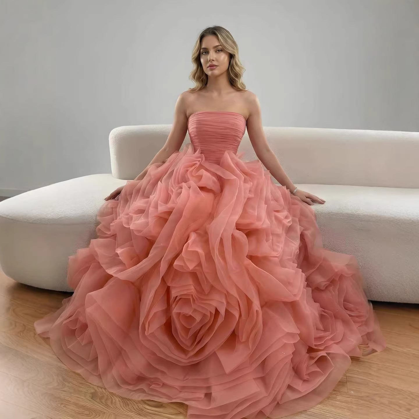 Purple 3D Rose Flower Strapless Princess Evening Dress LA73176