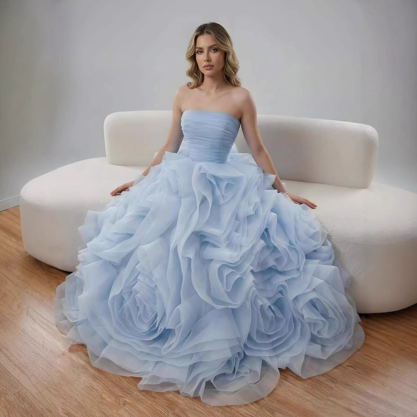 Purple 3D Rose Flower Strapless Princess Evening Dress LA73176