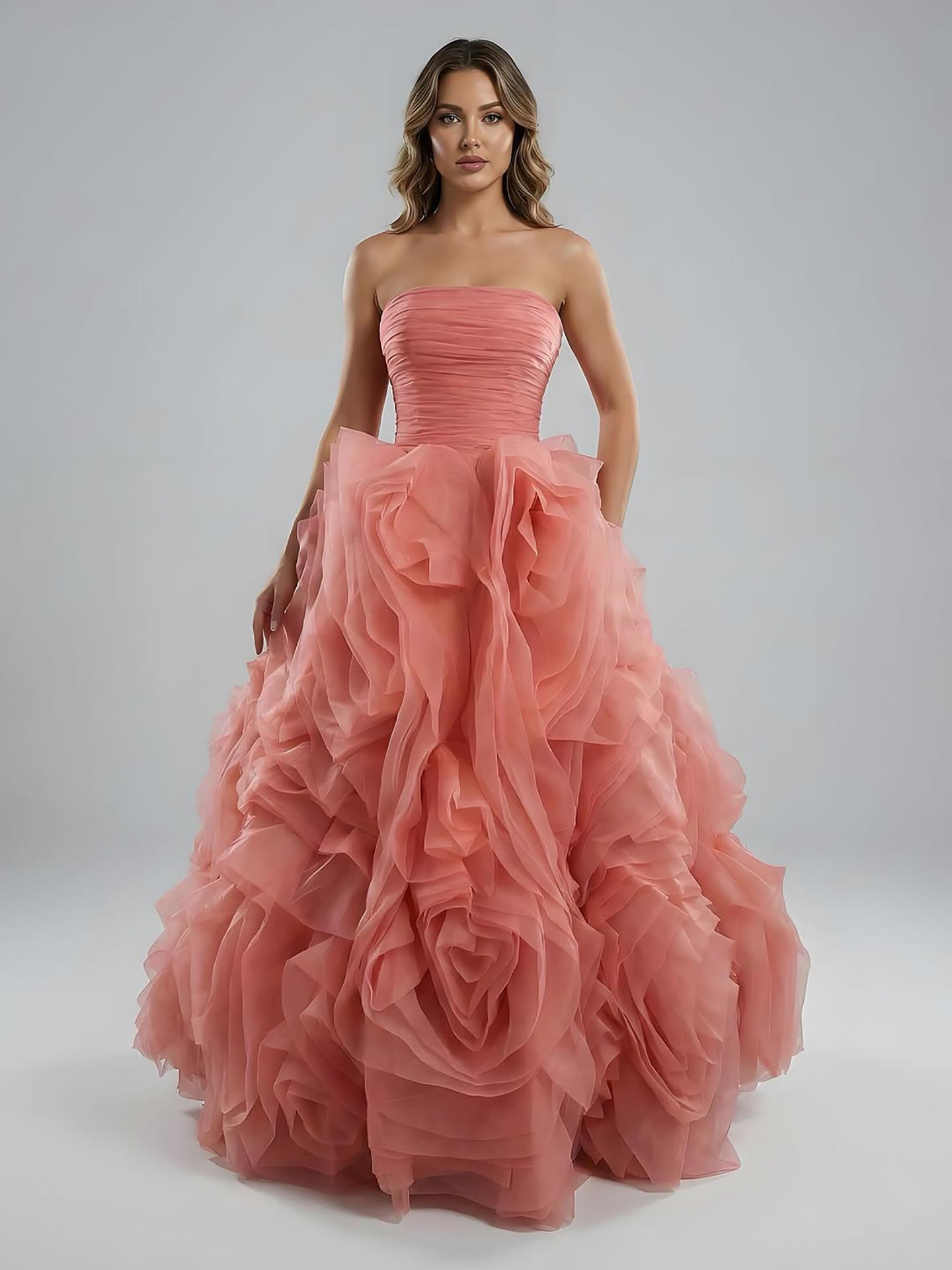 Purple 3D Rose Flower Strapless Princess Evening Dress LA73176