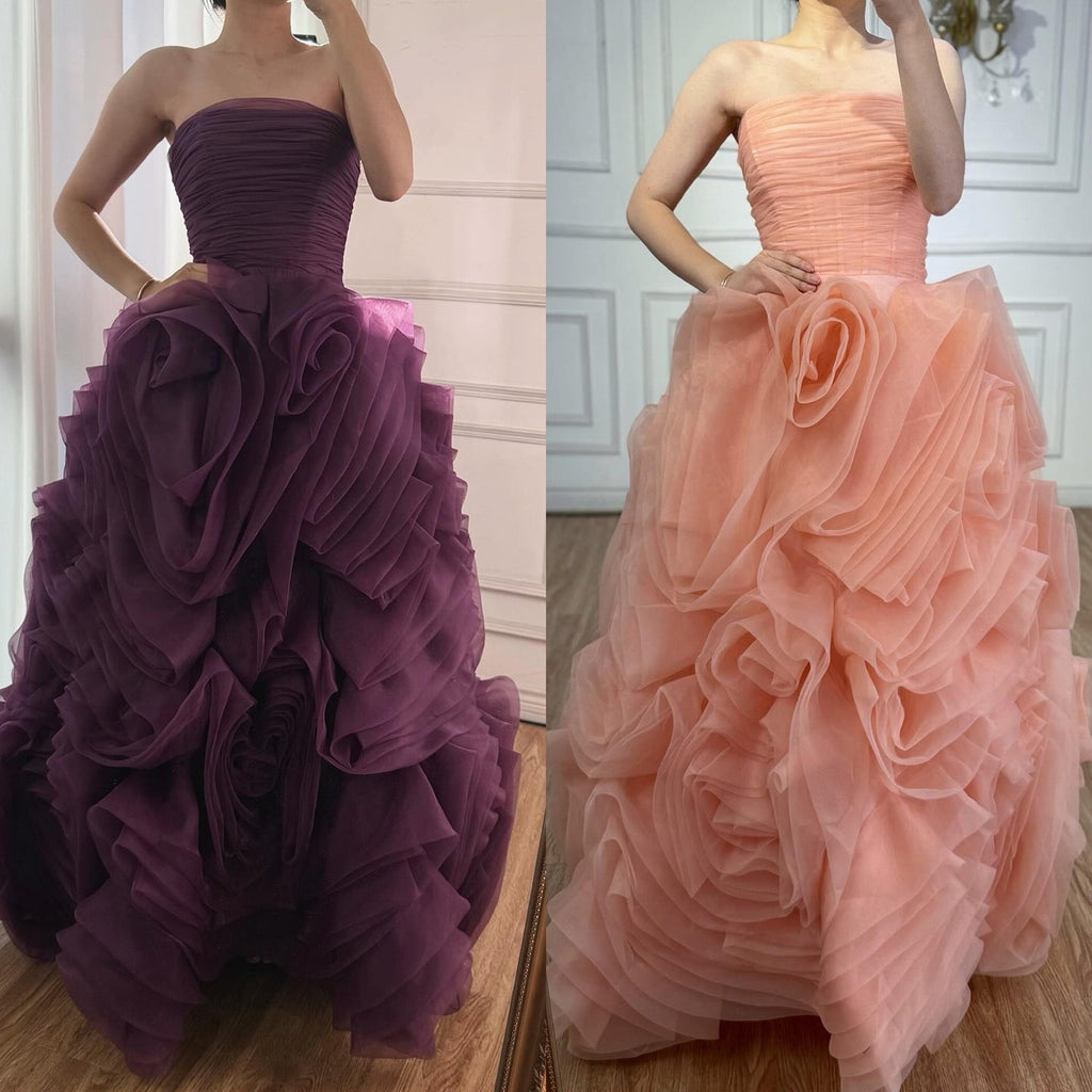 Purple 3D Rose Flower Strapless Princess Evening Dress LA73176