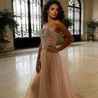 Blue Beaded A-line Strapless Evening Prom Dress LA73178
