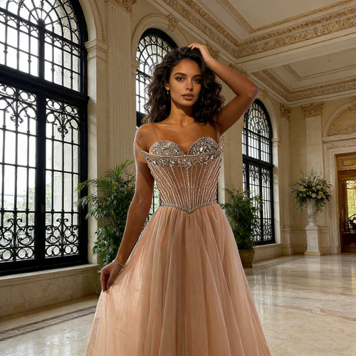 Blue Beaded A-line Strapless Evening Prom Dress LA73178