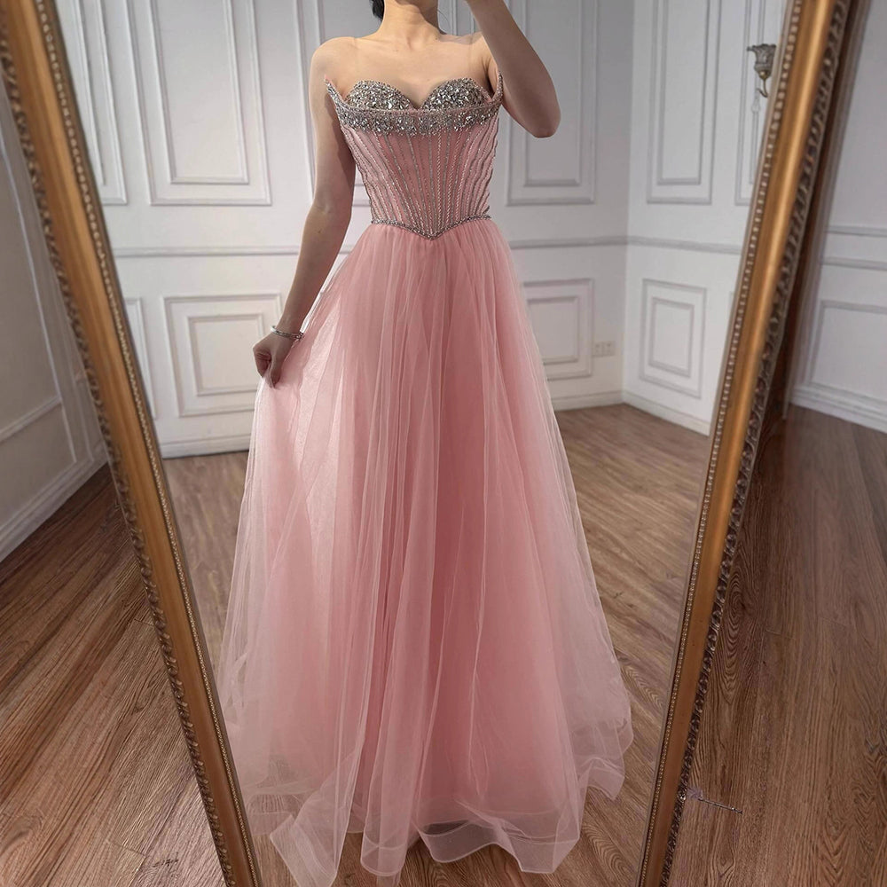 Blue Beaded A-line Strapless Evening Prom Dress LA73178