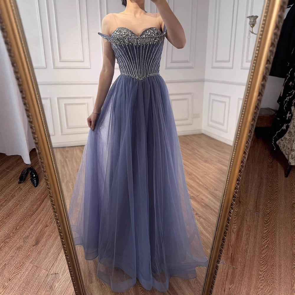 Blue Beaded A-line Strapless Evening Prom Dress LA73178