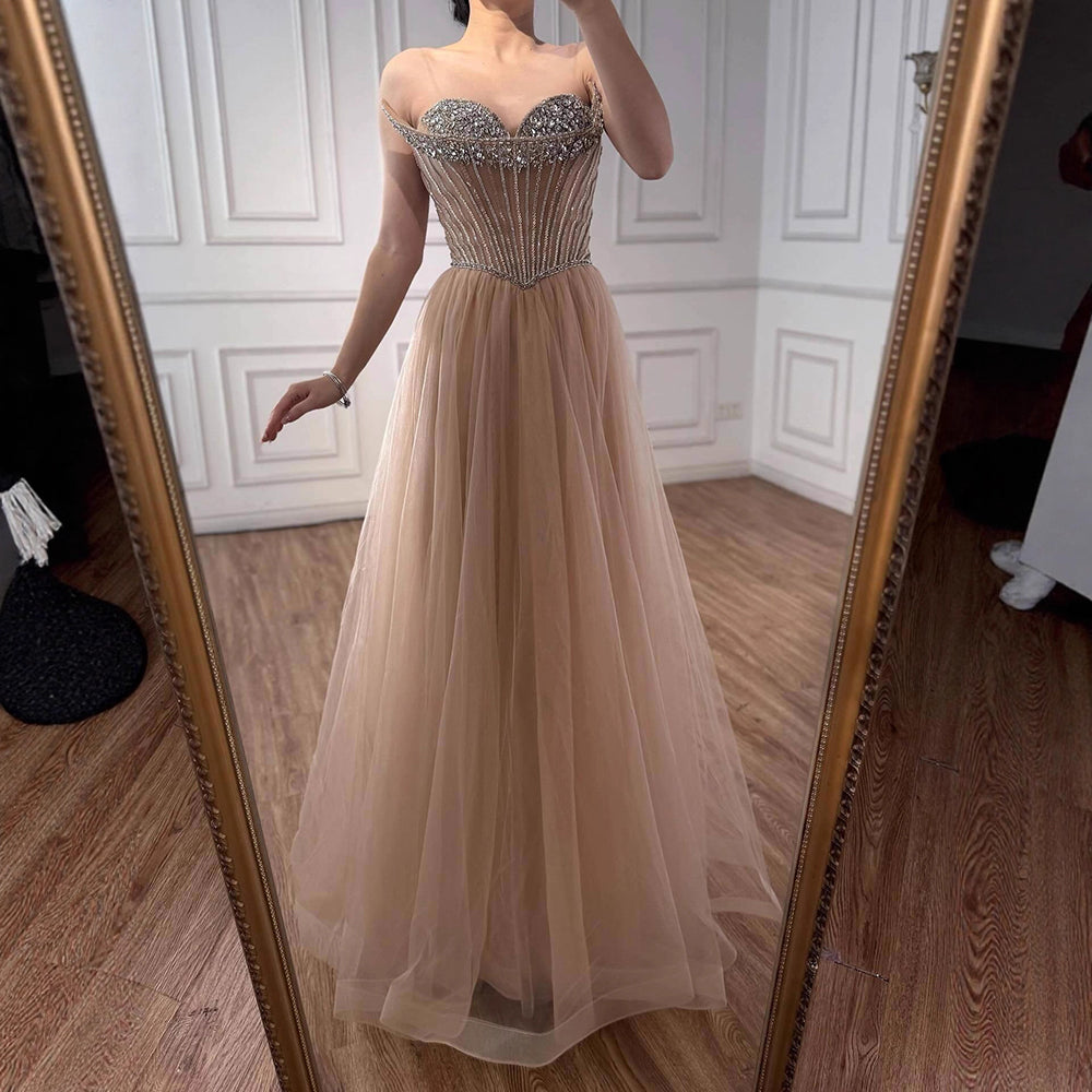 Blue Beaded A-line Strapless Evening Prom Dress LA73178