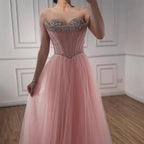 Blue Beaded A-line Strapless Evening Prom Dress LA73178