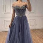 Blue Beaded A-line Strapless Evening Prom Dress LA73178