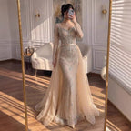 Luxury Nude Beaded Mermaid Evening Dress with Overskirt LA73190
