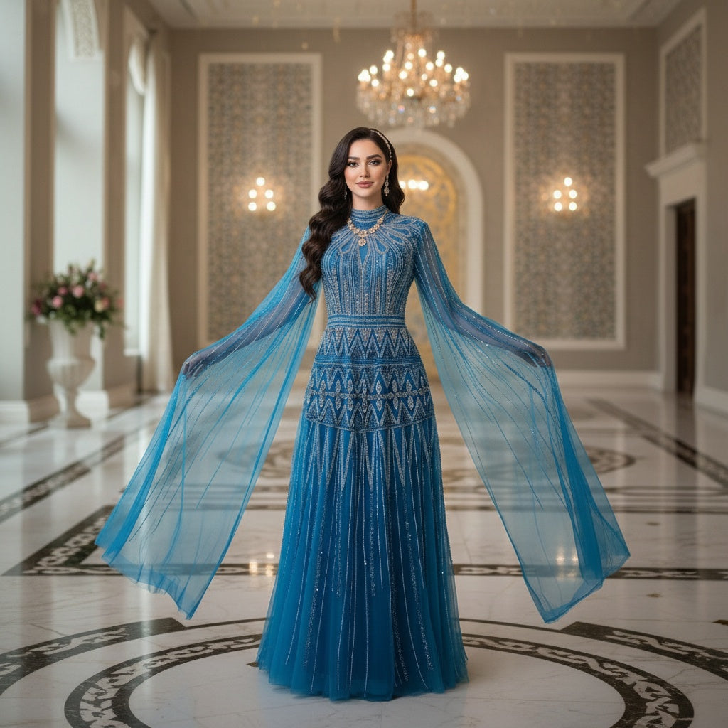Modeat Blue Gown with Cape Sleeves