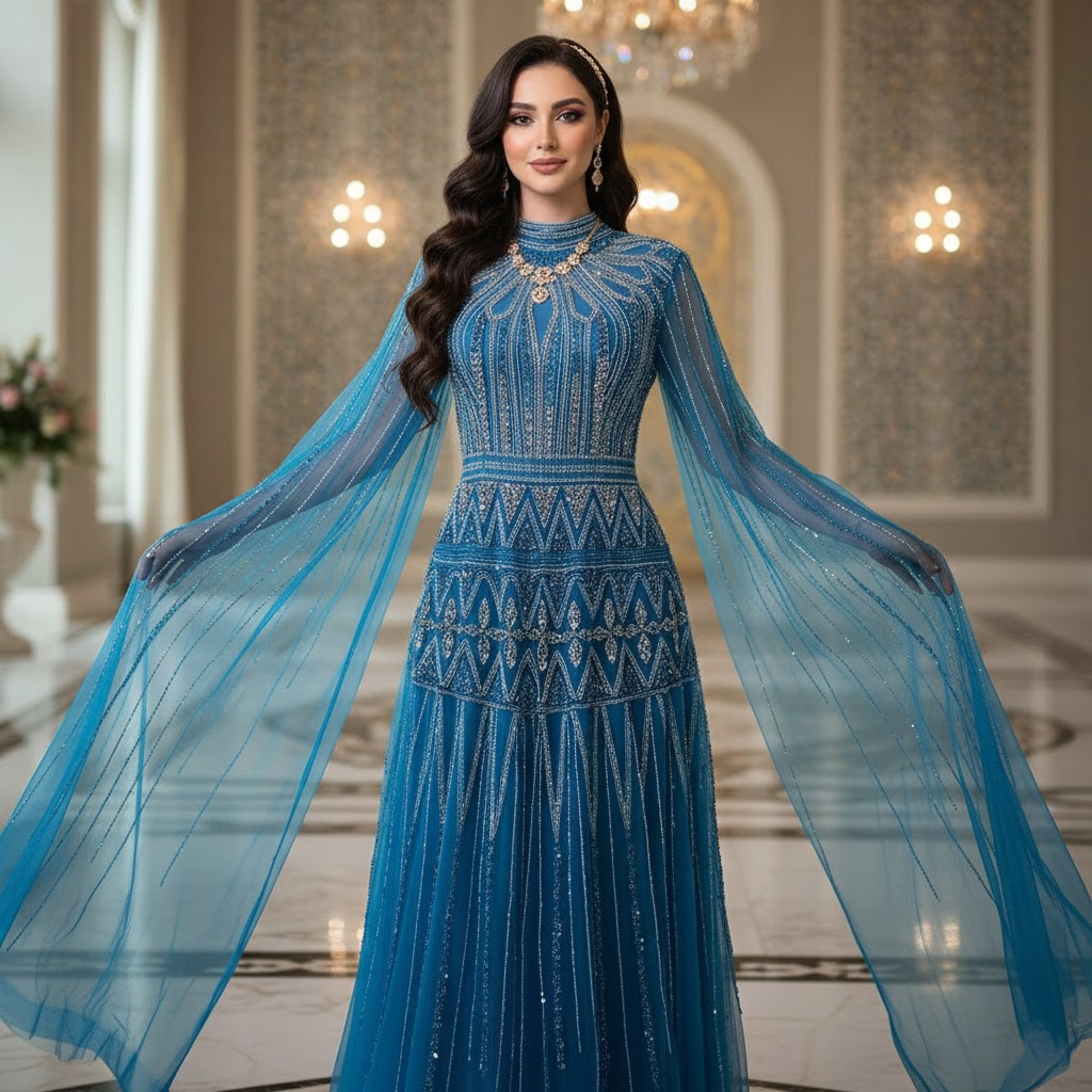 Luxury Arabic Blue Beaded Evening Dress with Cape Sleeves LA73187
